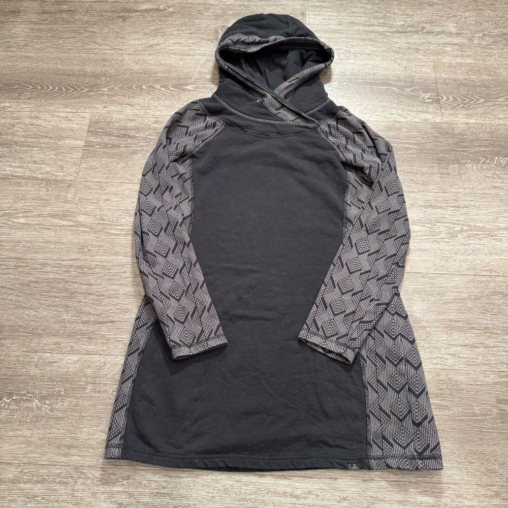 Prana Hoodie Womens Medium Black Geometric Organic Cotton Fleece Tunic Pullover